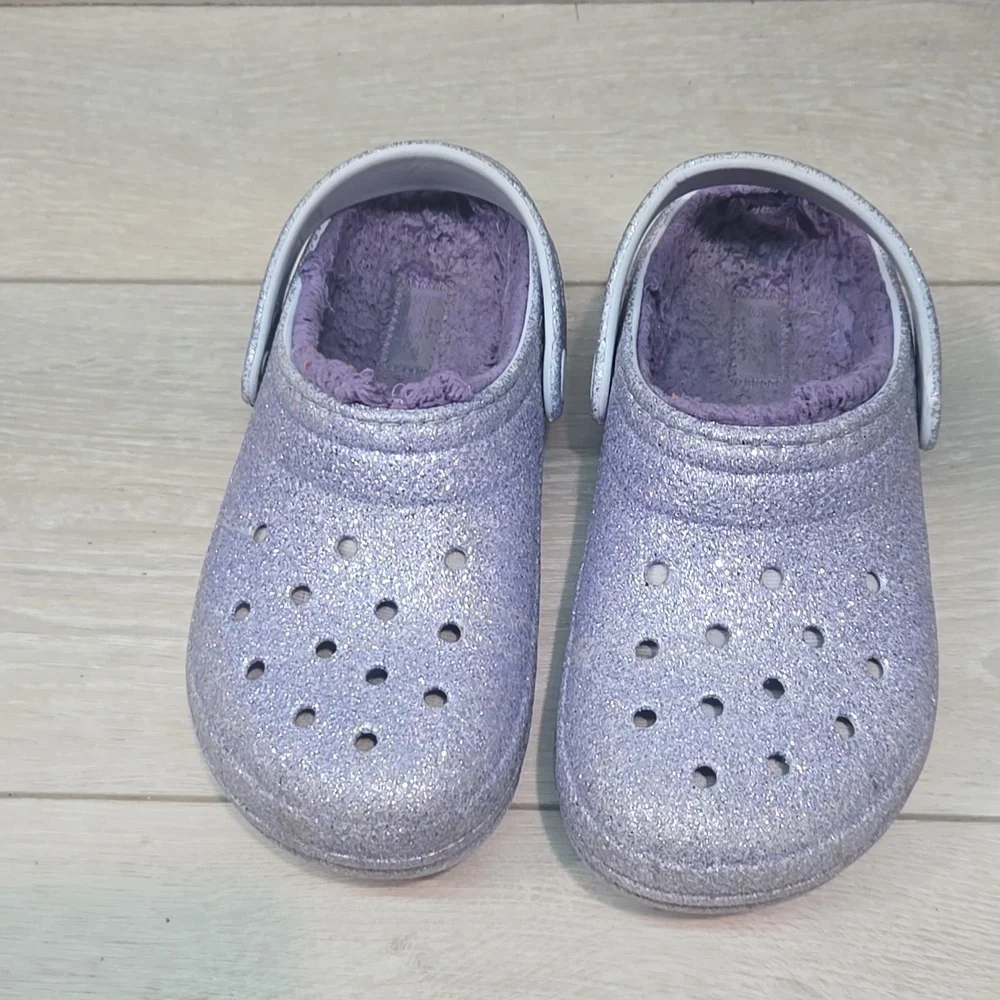 Crocs Kids Girl Glittery Purple Clogs Insulated Line Mule Shoes Sz J2